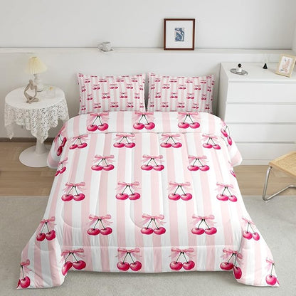 Feelyou Pink Girls Bow Comforter Set Full Size Kawaii Cherry Prints Bedding Set for Boys Teens Decor Bow Comforter Cute Bowknot Duvet Set Bedroom Stripes Quilt Set 3Pcs