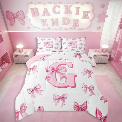 Erosebridal Pink Kawaii Bow Twin Bedding Comforter Sets Initial Letter G Bedding Set for Kids Girls Teen Women,Dreamy Princess Bowknot Comforter Set Monogrammed G Bow Quilt Duvet