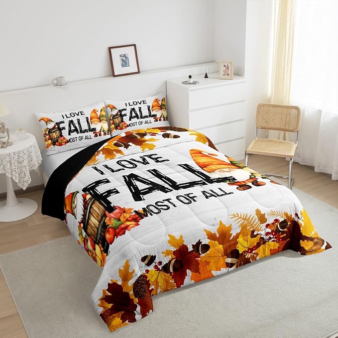 Erosebridal Gnomes Pumpkin Bedding Set Rustic Farmhouse Fall Theme Comforter Set King Size Thanksgiving Harvest Season Quilt Bedding Maple Leaf Pinecone Decor Bed Duvet Soft Lightweight Bedroom Decor
