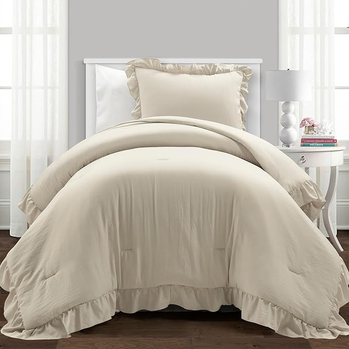 Lush Decor Reyna Ruffle Comforter Set - 2 Piece Twin Bedding Set - Elegance for Dorm Room - Twin XL, Wheat