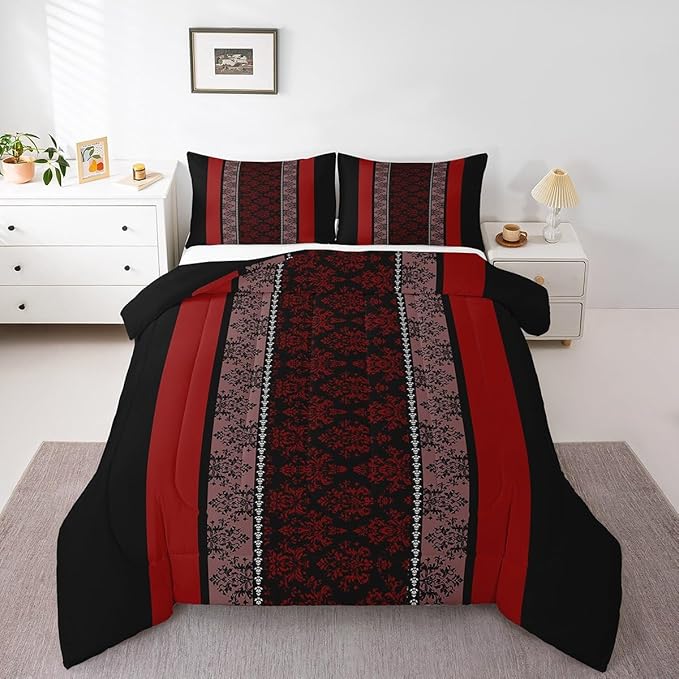 jejeloiu Adult Classic Jacquard Bedding Set King Size Damask Pattern Comforter Set for Boys Girls Black Red Stripe Duvet Set Baroque Quilt Set 3Pcs