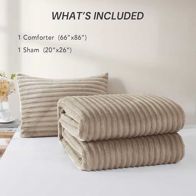 Geniospin Fleece Twin Comforter Set, Soft Fuzzy Twin Bedding Sets, 2-Pieces Taupe Comforter Set for All Season, Warm Fluffy Comforter with 1 Pillow Case