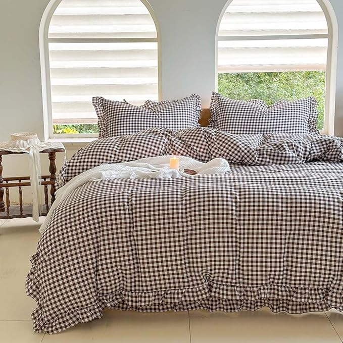 NSNLGSGC Mocha Ruffle Gingham Comforter Set Twin, Pre-Washed Ruffled Coffee Plaid Checked Comforter Bedding, 2 Pieces Vintage Farmhouse Grid Bedding Set(Mocha Gingham, Twin)