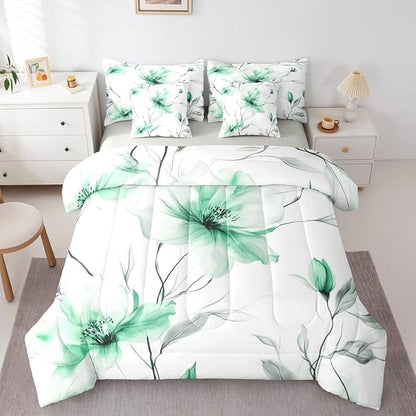 Erosebridal Green Floral Twin Comforter Set with Sheets, Boho Flower 7 Pcs Bedding Set, Ink Painting Style Blossom & Leaf Bed in A Bag, Elegant Watercolor Floral Bed Sets for Adults Women Girls