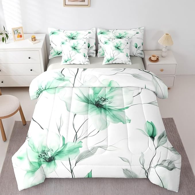 Erosebridal Green Floral Queen Comforter Set with Sheets, Boho Flower 7 Pieces Bedding Set, Ink Painting Style Blossom & Leaf Bed in A Bag, Elegant Watercolor Floral Bed Sets for Adults Women Girls