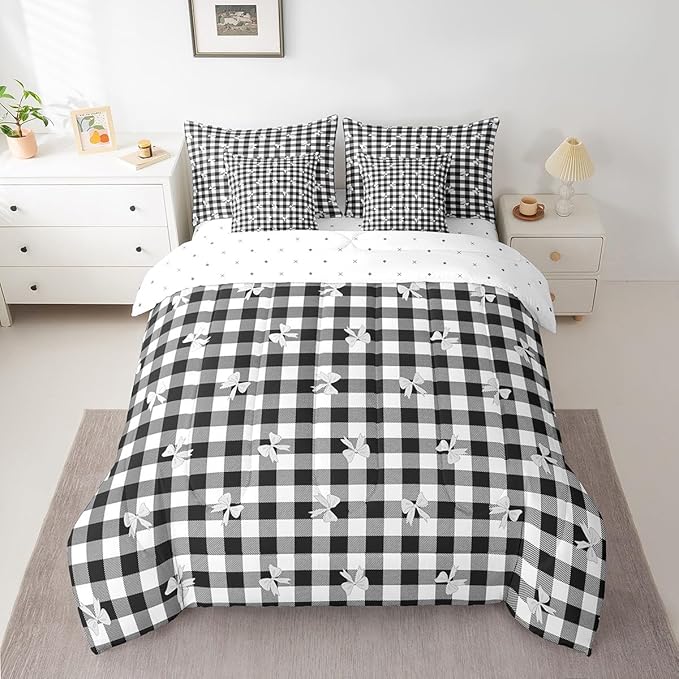 Feelyou Black Bow Comforter Set with Sheets King Size Kids Bowknot Pliad 7 Pieces Bedding Set for Boys Girls Teens Gift for Girls Women Grid Bed in a Bag Breathable Princess Décor Bed Set