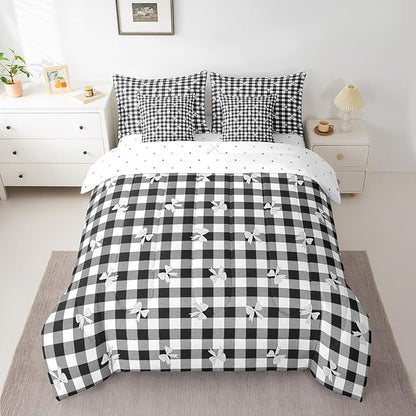 Feelyou Black Bow Comforter Set with Sheets Queen Size Kids Bowknot Pliad 7 Pieces Bedding Set for Boys Girls Teens Gift for Girls Women Grid Bed in a Bag Breathable Princess Décor Bed Set