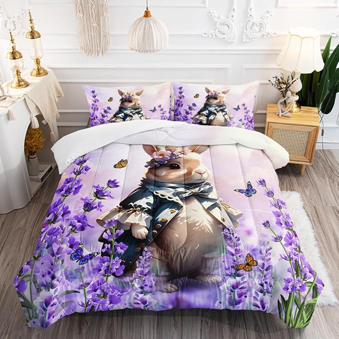 Lavender Rabbit Comforter Queen Kids Rabbit Bedding Set Cute Bunny Quilt Bed Set Bedroom Decor Includes 1 Comforter, 2 Pillowcases for Girls Boys Teens