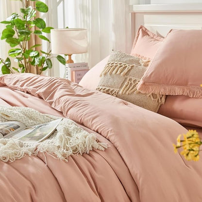 Andency Oversized King Comforter Set with Sheets 128x120 Pink - 7 Pieces Bed in a Bag Boho Soft Lightweight Bedding Sets, Tassel Bed Set with Comforter, Sheets, Pillowcases & Shams