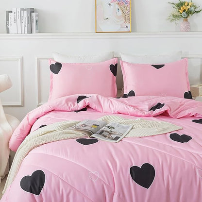 Caressma Love Pattern Girls Pink Comforter Set King Size, Blush Pink Cute Love Heart Sexy Comforter Bedding Set for All Seasons, Soft Microfiber 3 Pieces Comforter Set with Pillowcases