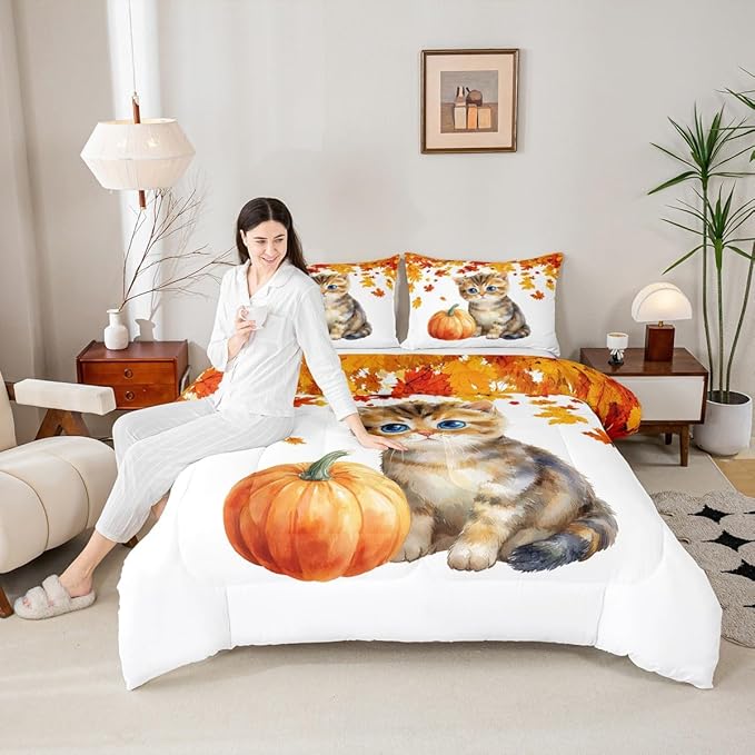 Cute Pumpkin Cat Bedding Sets Full Kawaii Watercolor Cat Comforter Set For Kids Boys Girls Autumn Fall Maple Leaf Comforter Thanksgiving Harvest Seasonal Quilt Duvet Orange White 2 Pillow Cases