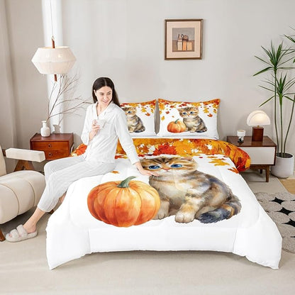 Cute Pumpkin Cat Bedding Sets Queen Kawaii Watercolor Cat Comforter Set For Kids Boys Girls Autumn Fall Maple Leaf Comforter Thanksgiving Harvest Seasonal Quilt Duvet Orange White 2 Pillow Cases