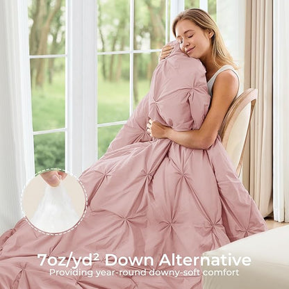 Sasttie Full Size Comforter Set, 7-Piece Bed in a Bag, Pintuck Bedding Set for All Season, Includes Comforter, Flat Sheet, Fitted Sheet, Pillowcases and Pillowshams, Rose Gold