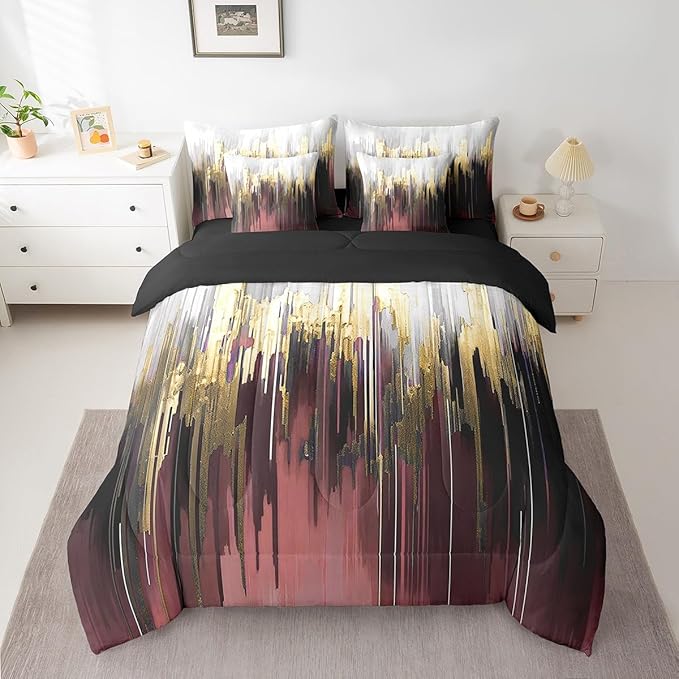 Burgundy Red Bedding Full Size 7-Piece Gradient Stripe Comforter Set, Modern Oil Painting Graffiti Bedding Comforter Sets Watercolor Abstract Artwork Bed in a Bag, Aesthetic Metallic Golden Bedding