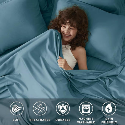 Full Size Bed Sheets - 6 Piece Soft Microfiber and Wrinkle Free Sheets - Easy Care, Extra Soft, Cooling Sheets - 1 Deep Pocket Fitted Sheet 1 Flat Sheet and 4 Pillowcases (Full Denim Blue)