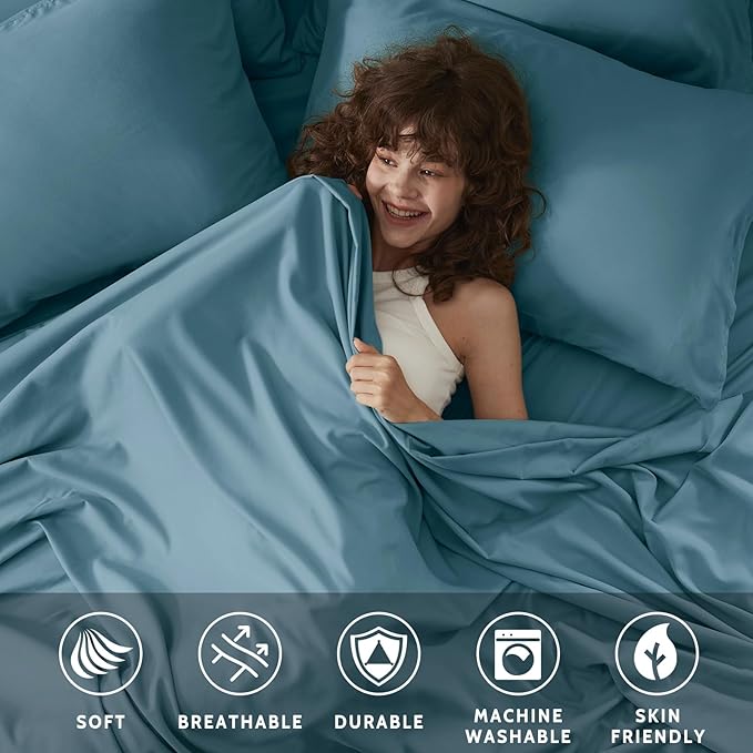 Twin Sheets Set - 4 Piece Soft Microfiber and Wrinkle Free Sheets - Easy Care, Extra Soft, Cooling Sheets - 1 Deep Pocket Fitted Sheet 1 Flat Sheet and 2 Pillowcases (Twin Denim Blue)