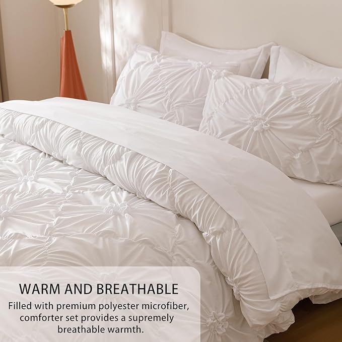 White Twin Comforter Set - 7 Pieces Bed in a Bag, Premium Comforters Twin Size Bed Set Pintuck Pinch Pleat Complete Comforter Set with Flat Sheet, Fitted Sheet and Pillowcases,White