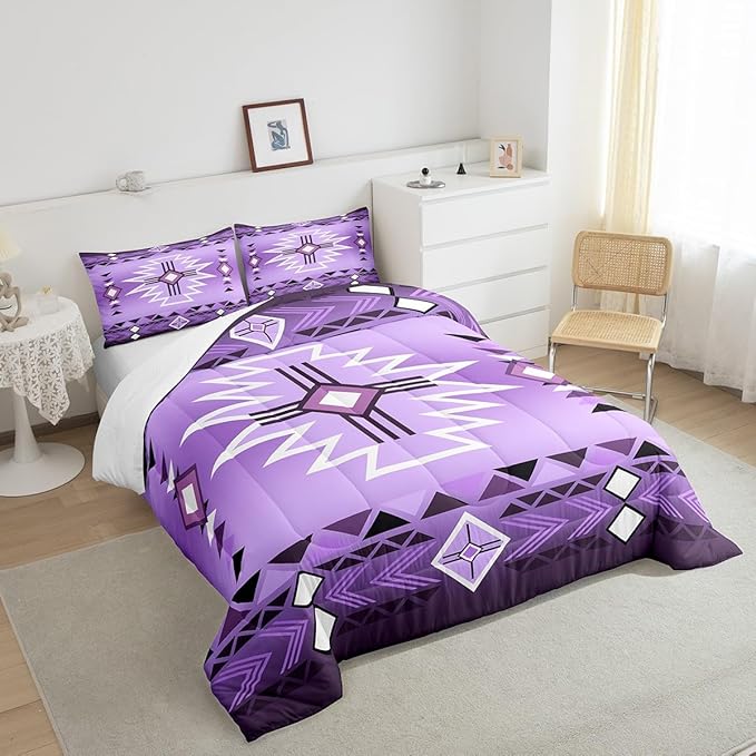 Southwestern Bedding Set King Size,Purple Aztec Tribal Arrow Stripes Comforter Set 3Pcs for Kids Teens Women Men Room Decor,Rustic Farmhouse Quilt Set Vintage Cowboy Duvet Insert,2 Pillowcases