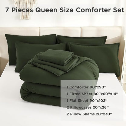 Litanika Dark Olive Green Queen Size Comforter Set - 7 Pieces Bed in a Bag Queen Bedding Comforter Sets, Plain Lightweight Bed Set with Comforter, Sheets, Pillowcases & Shams