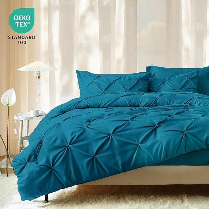 JOLLYVOGUE King Size Comforter Set 7 Pieces - Bed in a Bag King for All Season, Pintuck Bedding Comforter Sets with Comforter, Flat Sheet, Fitted Sheet and Pillowcases & Shams, Teal