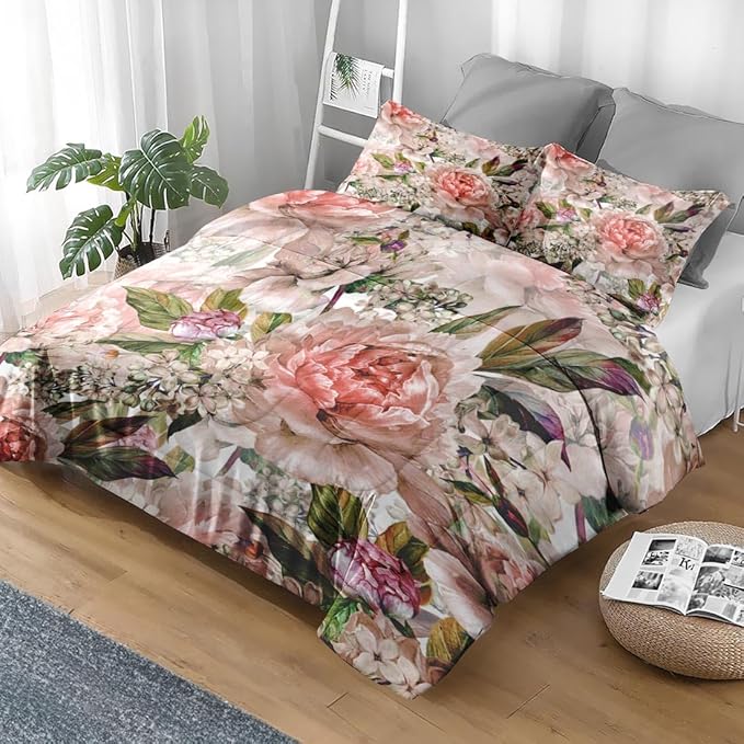 Comforter Set Full Size, Floral Rose Lilac 3 Pcs Soft Bedding Set for Kids and Adults, Green Leaves Botanical Comforter Set with 2 Pillowcases, for Bedroom Bed Decor