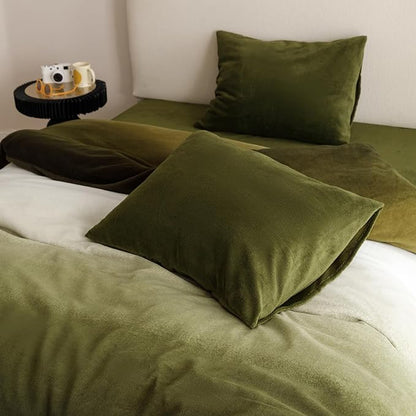 CLOTHKNOW Green White Fluffy Full Size Comforter Sets Velvet Bedding Comforter Sets Soft Olive Green Comforter with 2 x Pillow Cases