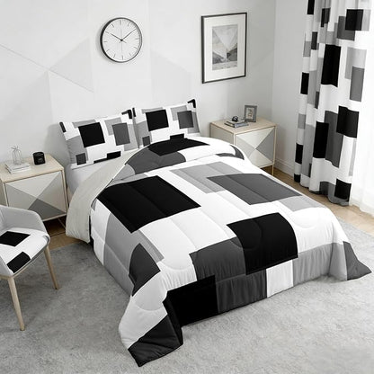 Castle Fairy Geometric Grid Boys Girls Comforter Set Full Size,Black White Grey Duvet Set Teens Bedroom Decor,Modern Abstract Square Splicing Microfiber Soft Bedding 3PCS