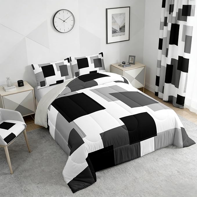 Castle Fairy Black White Grey Comforter Set Toddler Size,Geometric Grid Bedding Set for Kids Teens,Modern Abstract Square Splicing Down Comforter,2 Pcs 1 Pillowcase