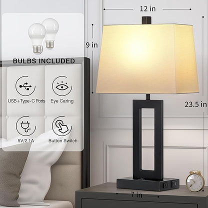 Table Lamp Set of 2 with USB C+A Ports & AC Outlet, Bedside Lamps, Modern Bedroom Lamps, Black Lamps for Night Stands Bedroom Living Room,Nightstand Lamp（Push Button Swich