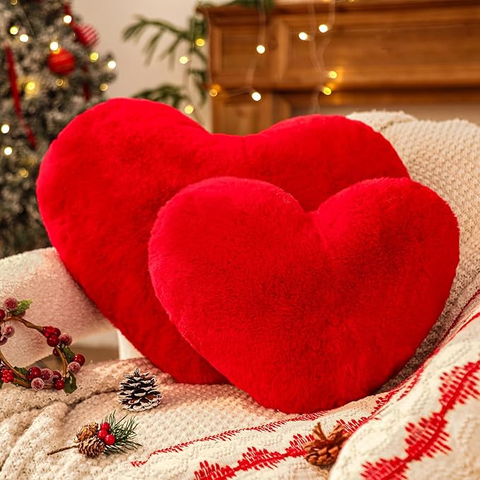 YRXRUS Valentines Heart Pillows, Love Heart Shaped Pillow, Small Cute Red Heart Pillows for Gifts, Faux Rabbit Throw Pillows for Her, Kids, Girls Home Decoration, 10X11 Inch