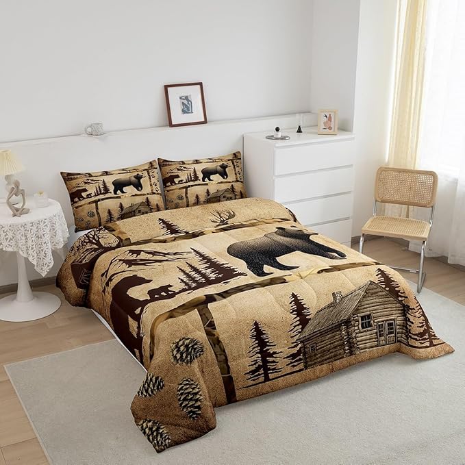 Feelyou Lodge Cabin Comforter Set Twin Size Gray Bear Pine Tree Silhouette Pattern Quilted Duvet with 1 Pillowcases+1 Wild Animal Western Jungle Style Bedding for Teens Adults 2 Pcs
