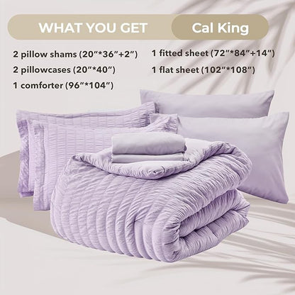 HYMOKEGE Lavender California King Comforter Set Seersucker 7 Pieces, All Season Luxury Bed in a Bag for Bedroom, Bedding Set with Comforters, Sheets, Pillowcases & Shams