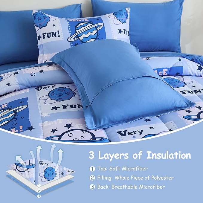 Drucon Kids Space Comforter Set Bed in A Bag Queen Size 7 Piece Cartoon Planets Bedding Set for Teens Boys Girls