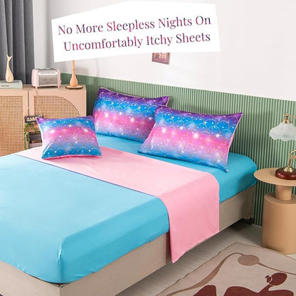 PERFEMET Pink Mermaid Girls Comforter Set Twin Size 6 Pieces Teen Girl Bed in A Bag with Sheets 3D Glitter Rainbow Kids Bedding Sets for Kids Teens (Mermaid Scale, Twin)