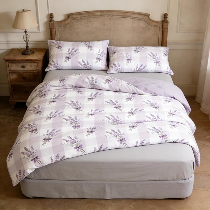 Gingham Twin Size Comforter Set for Girls 5Pcs Purple Lavender Bedding Boho Plaid Checkered Pattern Quilted Comforter with 2 Pillowcases + 1 Flat Sheet + 1 Fitted Sheet, 68"x86"