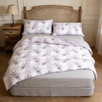 Gingham Twin Size Comforter Set for Girls 5Pcs Purple Lavender Bedding Boho Plaid Checkered Pattern Quilted Comforter with 2 Pillowcases + 1 Flat Sheet + 1 Fitted Sheet, 68"x86"