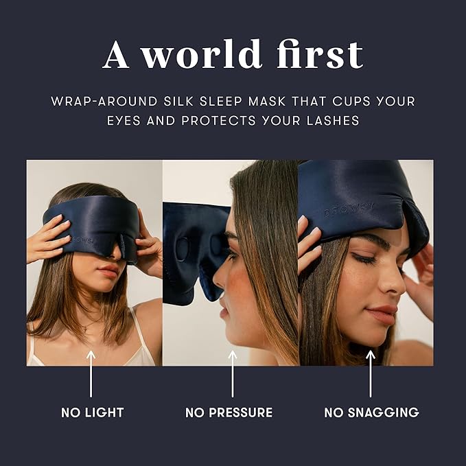 DROWSY Eyelash Protecting Silk Sleep Mask for Natural Lashes & Extensions. Deep Eye Cups, Zero Pressure, Total Blackout, Full Wraparound (Midnight Blue)