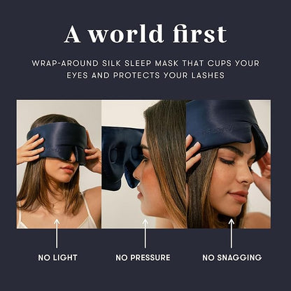 DROWSY Eyelash Protecting Silk Sleep Mask for Natural Lashes & Extensions. Deep Eye Cups, Zero Pressure, Total Blackout, Full Wraparound (Midnight Blue)