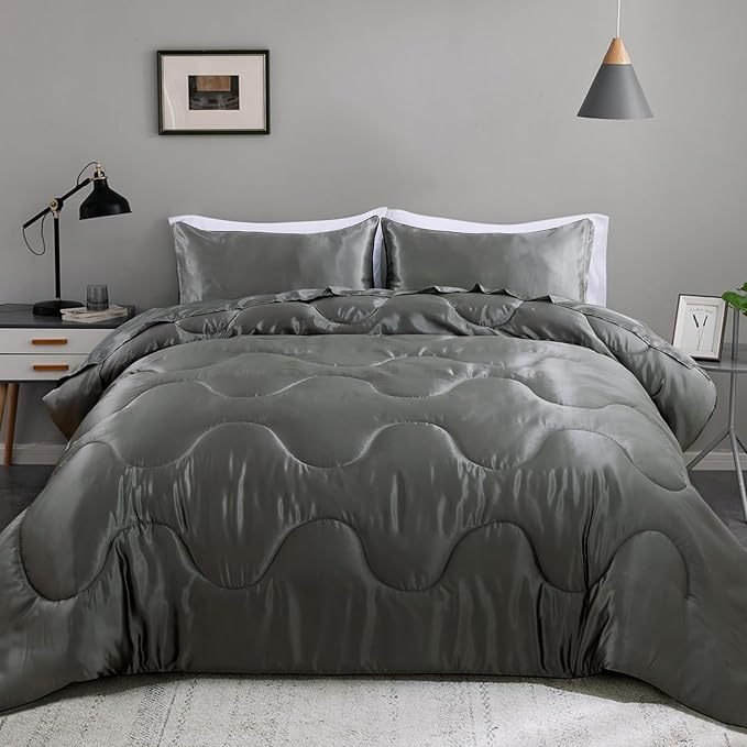 A Nice Night Satin Silky Soft Quilt Luxury Super Soft Microfiber Bedding Comforter Set, Light Weighted (Silver, King)
