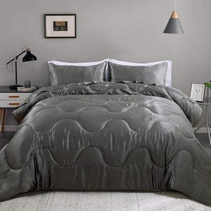 A Nice Night Satin Silky Soft Quilt Luxury Super Soft Microfiber Bedding Comforter Set Full/Queen, Light Weighted (Silver, Queen)