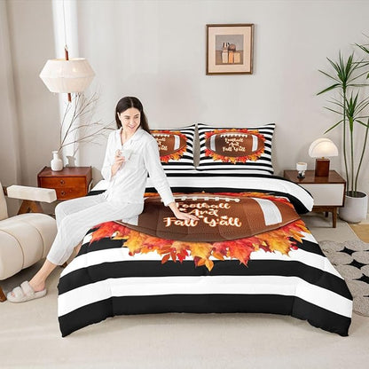 Football And Fall Y’All Bedding Set King For Boys Autumn Thanksgiving Theme Comforter Set For Kids Teen Ball Sports Quilt Duvet Soft Lightweight Maple Leaves Black Striped Comforter 2 Pillow Cases