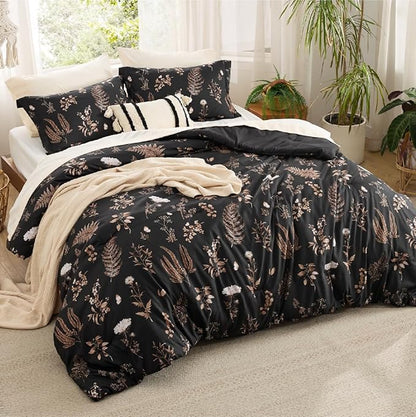Bedsure Comforter Set King Size - Cute Floral Comforter, Black Bedding Comforter Sets, 1 Soft Reversible Botanical Flowers Comforter and 2 Pillow Shams