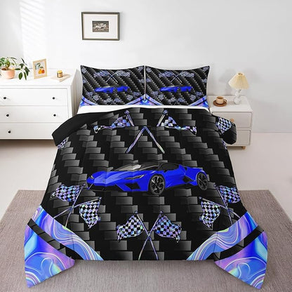jejeloiu Blue Race Car Bedding Set Full Size Extreme Sports Comforter Set for Kids Teens Adult Fast and Furious Duvet Set Dazzling Flag Quilt Set 3Pcs