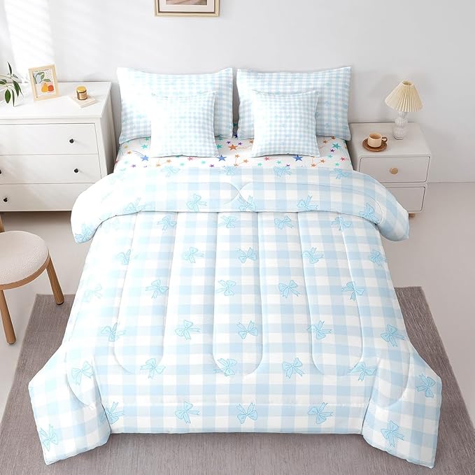 Feelyou Blue Bow Comforter Set with Sheets Full Size Kids Bowknot Pliad 7 Pieces Bedding Set for Boys Girls Teens Gift for Girls Women Grid Bed in a Bag Breathable Princess Décor Bed Set