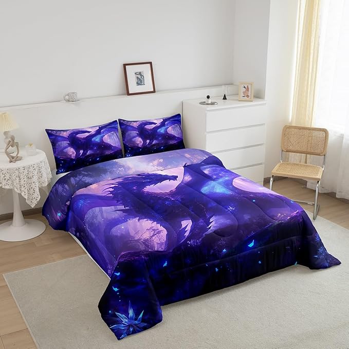 Feelyou Dragon Comforter Set King Size Jungle Dragon Comforter for Boys Girls Teens Western Dragon Bedding Set Wild Animal Duvet Set Room Decor Purple Quilt Set
