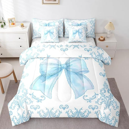 jejeloiu Girls Pretty Ribbon Blue Bow 7 Piece Bedding Set Twin Size Blue Damask Comforter Set with Sheets for Kids Women Cute Bow Bed in a Bag Princess Bed Set