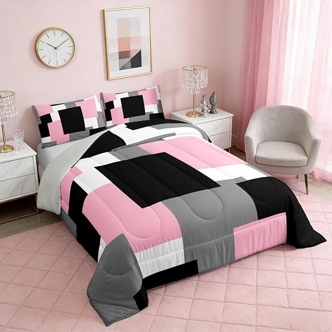 Modern Abstract Art Comforter/Duvet Set,Pink Grey Black Ultra Soft Bed Collection,Geometric Grid Square Splicing Kids Bedding for Room Decor 3 Pcs,Microfiber Breathable,King
