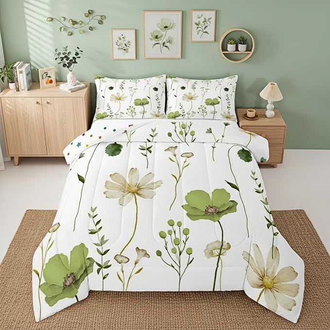 Erosebridal Watercolor Flower Comforter Set Twin, Olive Green Beige Floral Bedding Set for Kids Teens Adult Women, Modern Minimalist White Quilt Branches Pastoral Duvet Insert with 1 Pillow Case