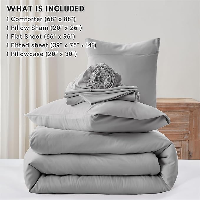 Anluoer Light Grey Twin Comforter Set 5 Pieces, Bed in a Bag with Sheets, All Season Bedding Sets with 1 Comforter, 1 Pillow Sham, 1 Pillowcase, 1 Flat Sheet, 1 Fitted Sheet