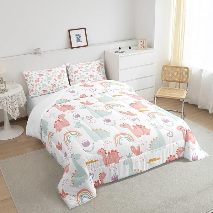 Feelyou Cartoon Dino Comforter Set Toddler, Pink Green Dinosaur Comforter Cute Jungle Dino Comforter Set for Kids Boys Girls Cute Rainbow Duvet Set Microfiber Quilt Set